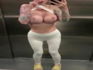 Bald hooker squirting orgasm in public elevator